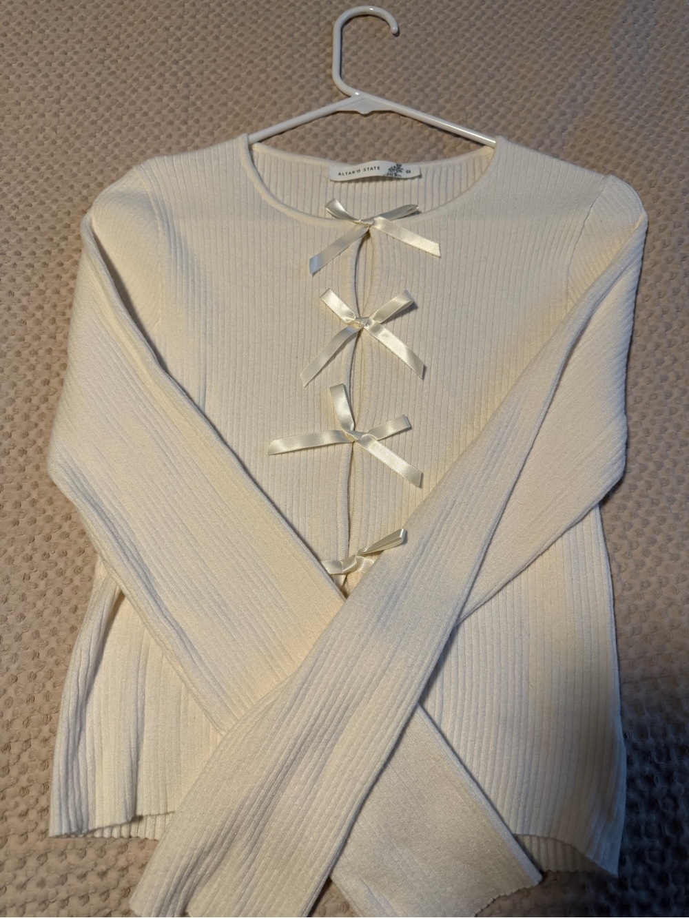 Altar’d State Ivory Ribbed Knit Cardigan with Satin Bow Ties
